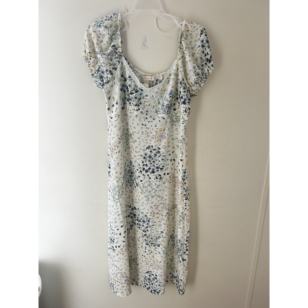 Monteau Floral Print Short Sleeve Dress M Lace Edged V-Neck Midi Cottagecore NWT